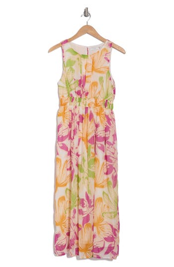 Lush Floral Print Chiffon Midi Dress In Yellow Pink Multi