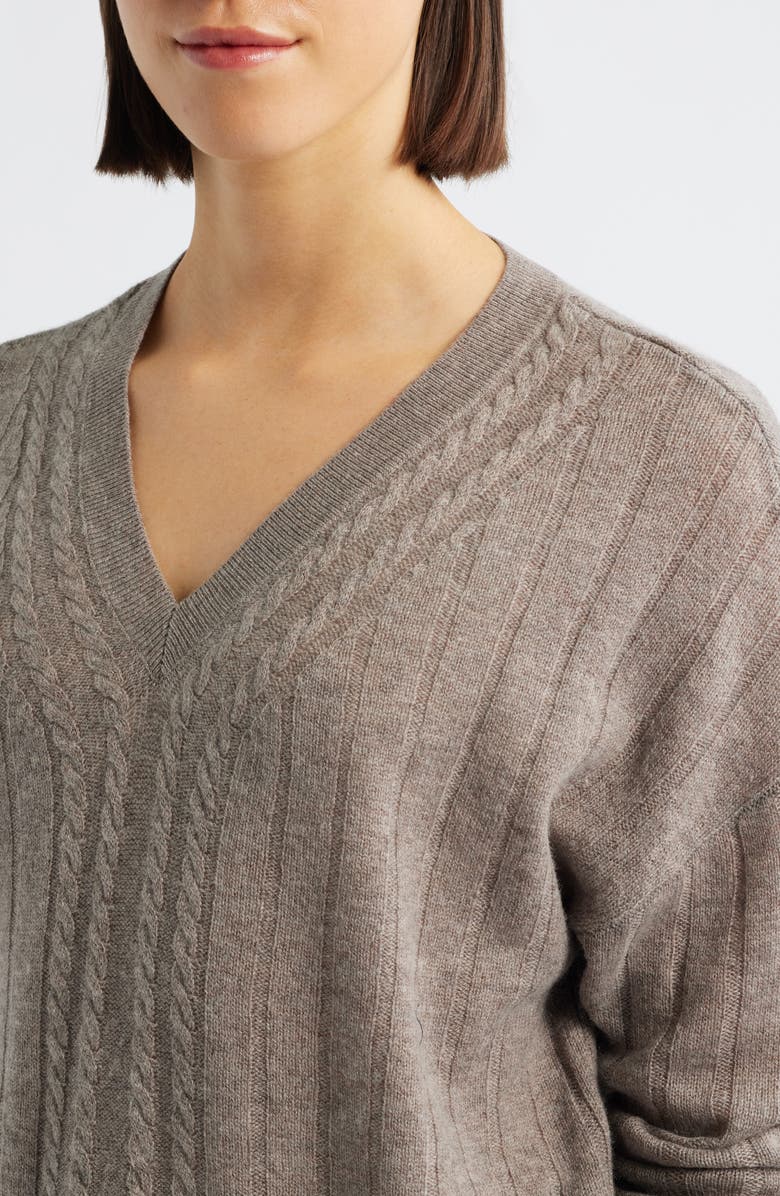 Griffen Cable Wool & Cashmere V-Neck Sweater, Alternate, color, Mink