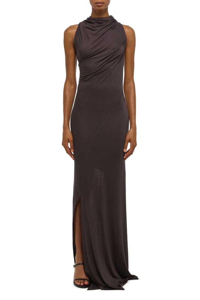 Wind Ruched Jersey Maxi Dress, Main, color, DARK ROAST
