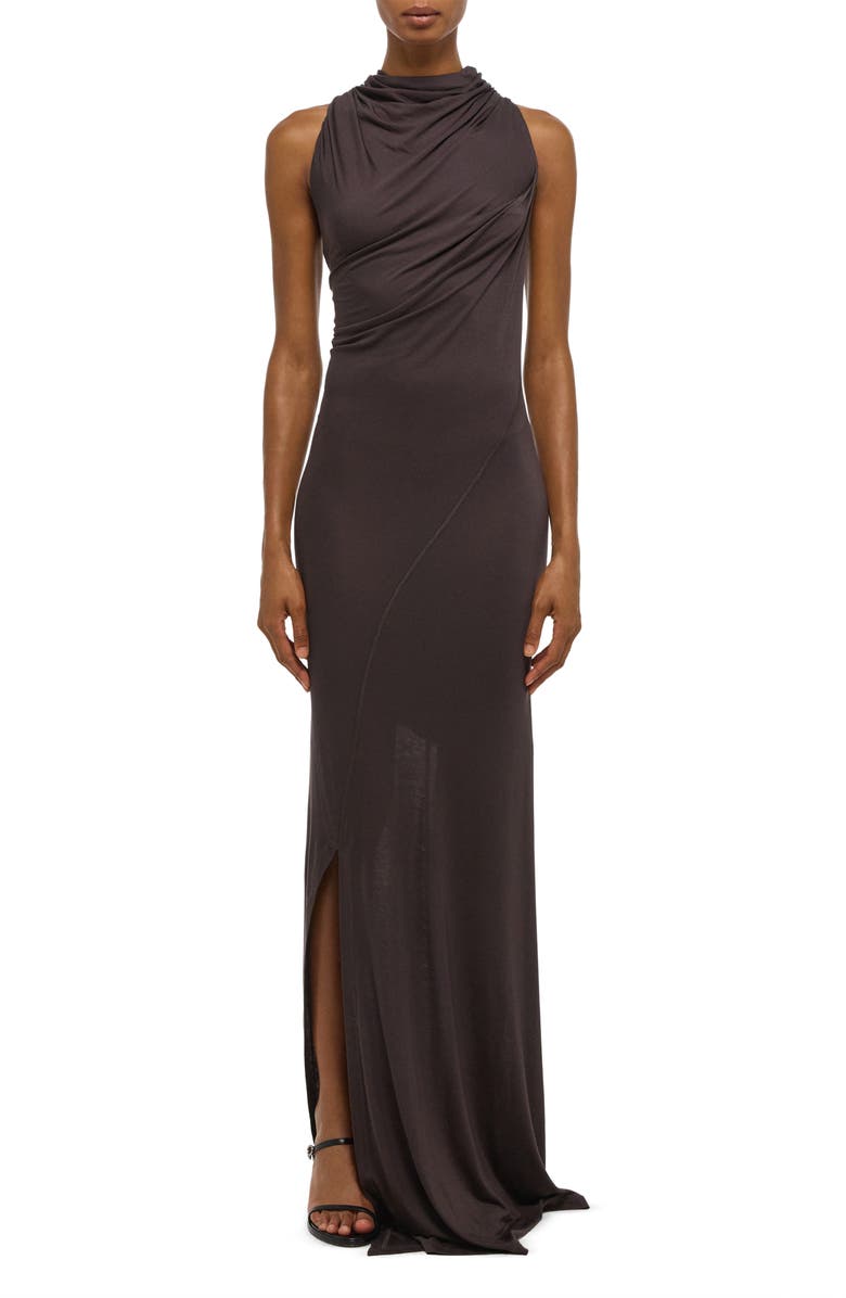 Helmut Lang Wind Ruched Jersey Maxi Dress, Main, color, Dark Roast