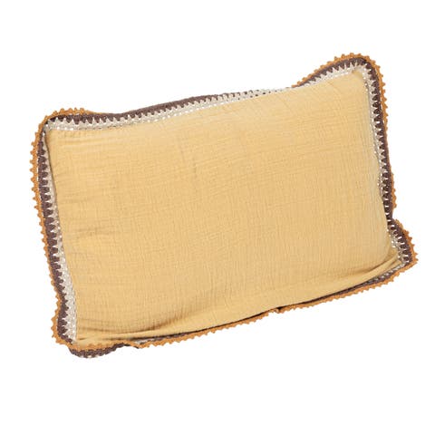 24 Inches Cotton Lumbar Pillow with Crocheted Edge