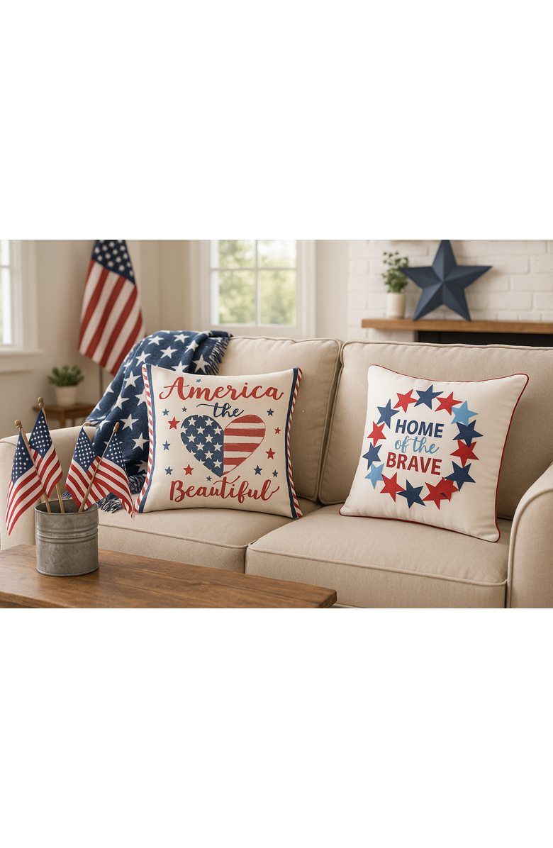 C&F Home Patriotic "Home Of The Brave" Wreath Pattern Applique Accent Throw Pillow, 18" x 18", Alternate, color, Blue