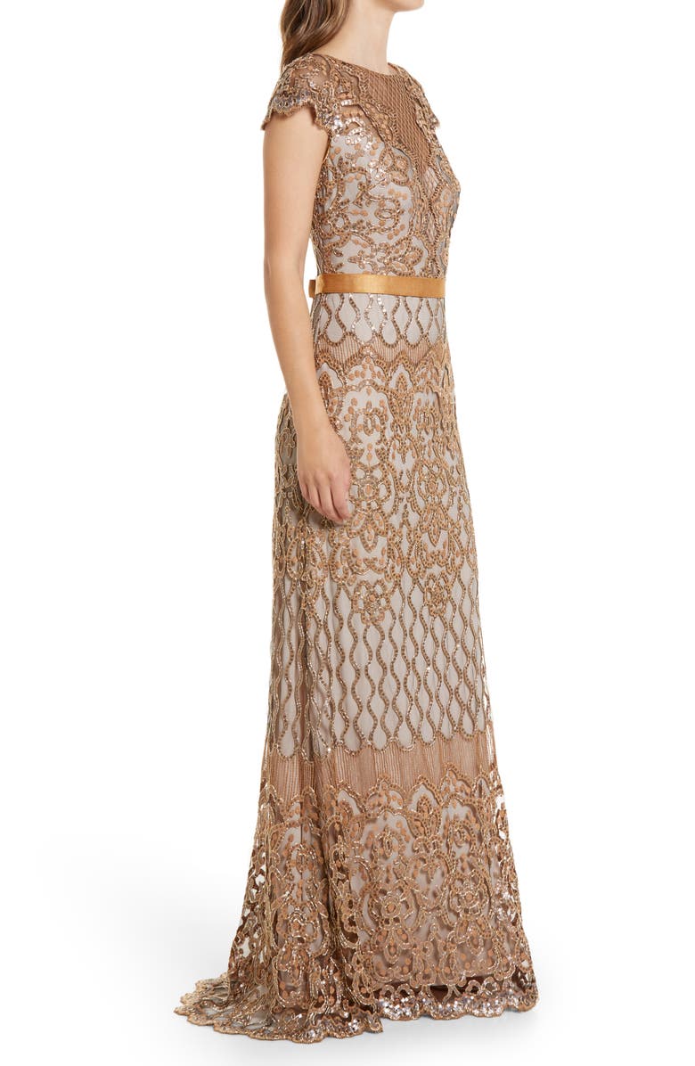 Tadashi Shoji Sequin Illusion Lace Gown, Alternate, color, 