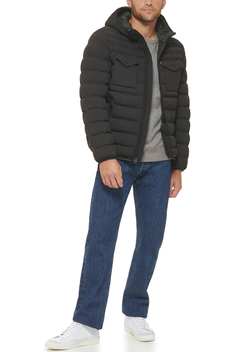 Stretch Hooded Puffer Jacket, Alternate, color, BLACK