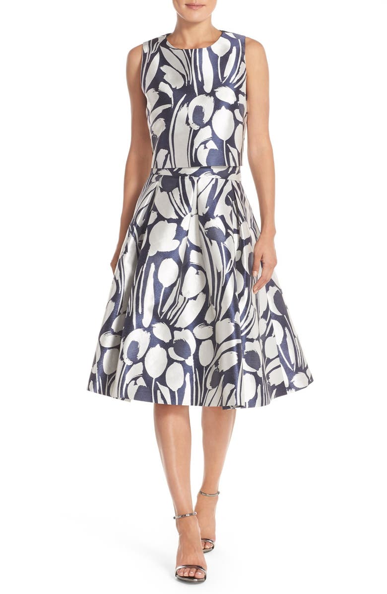 Eliza J Print Jacquard Midi Skirt, Alternate, color, Navy/ Ivory