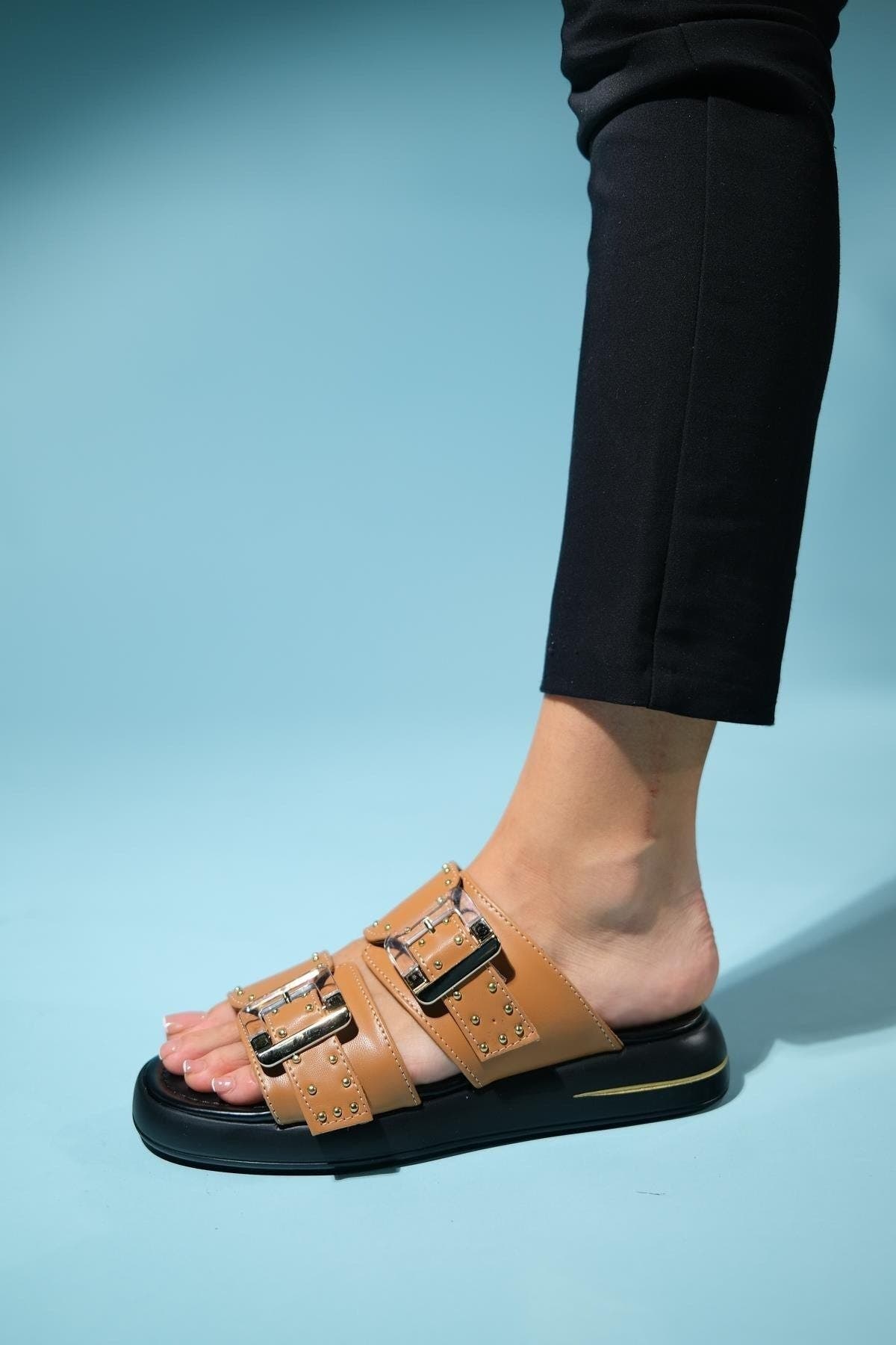 Zley Buckle Sandal, Alternate, color, Cognac Faux Leather