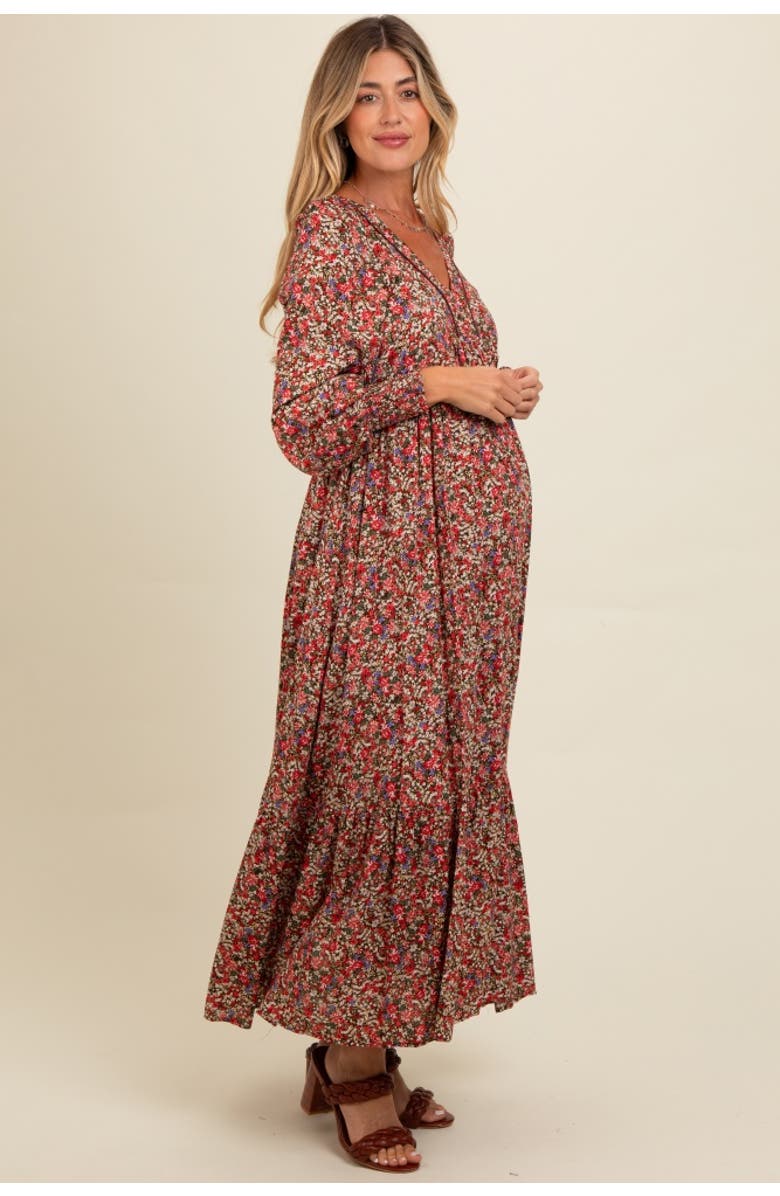 PinkBlush Floral V-Neck Bubble Sleeve Maxi Dress, Alternate, color, Mocha