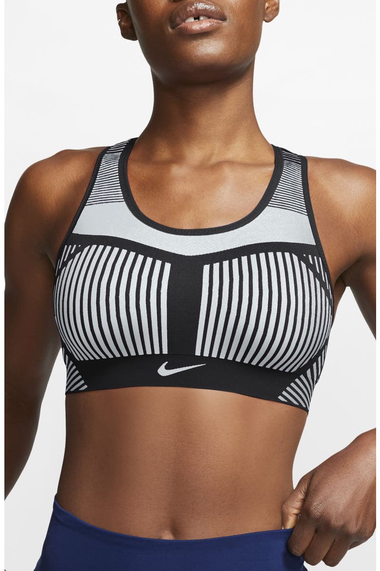 FE/NOM Flyknit Racerback Sports Bra, Main, color, BLACK/ WHITE