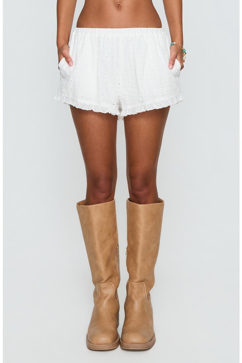 Midnight Sugar Eyelet Frilled Shorts, Main, color, WHITE