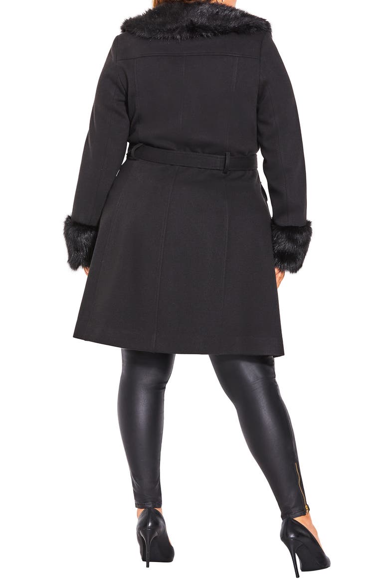 Make Me Blush Belted Coat with Faux Fur Trim, Alternate, color, BLACK