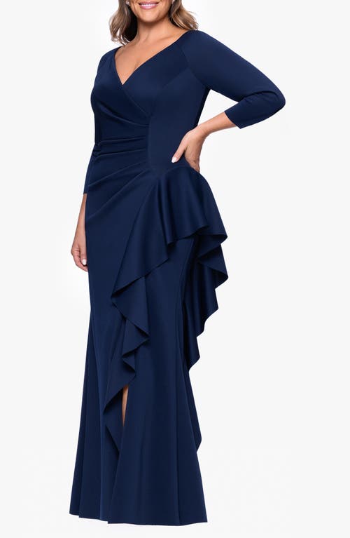 Xscape Evenings Ruched Scuba Knit Ruffle Gown