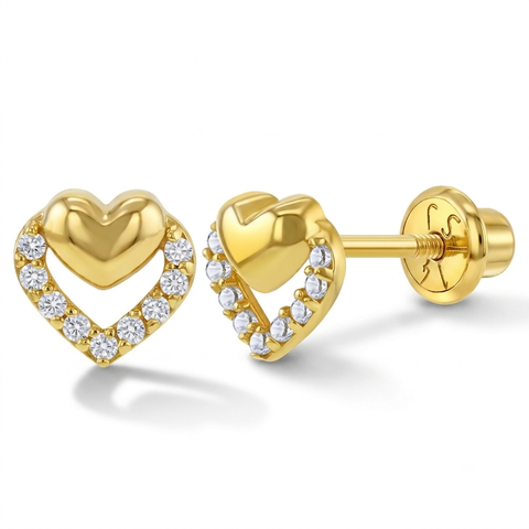14k CZ Puffed Heart Girl Earrings