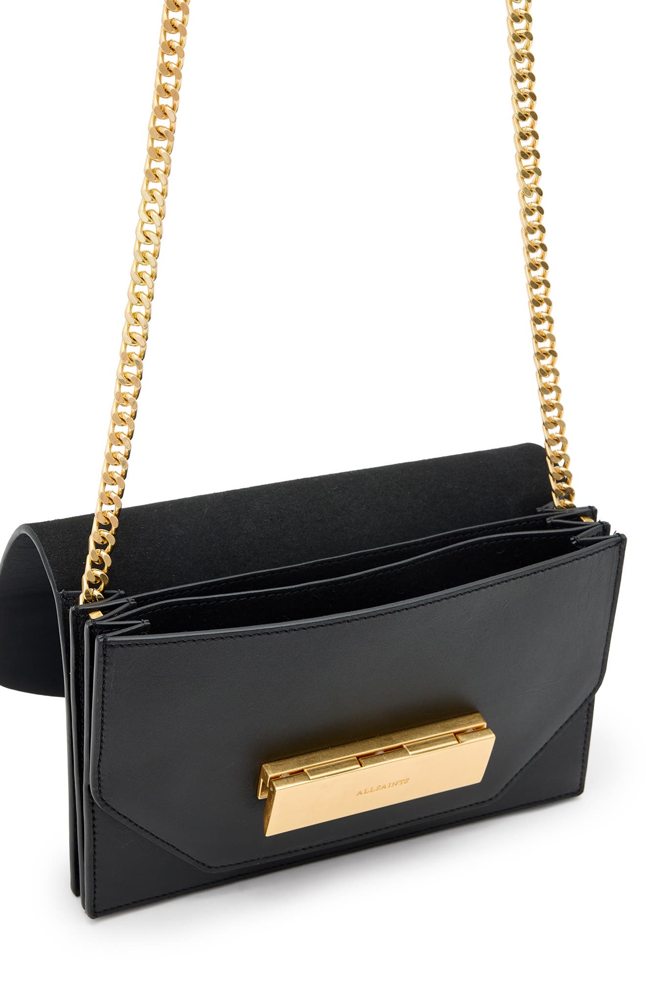 AllSaints Etta Leather Clutch, Alternate, color, Black