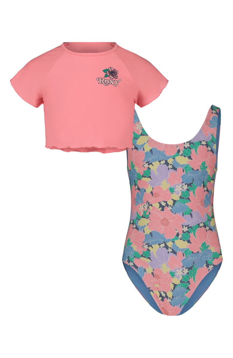 Roxy Kids' Outline Floral One-Piece Swimsuit & Cover-Up T-Shirt Set, Main, color, Plumeria