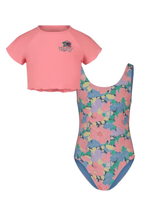 Kids' Outline Floral One-Piece Swimsuit & Cover-Up T-Shirt Set (Big Kid)