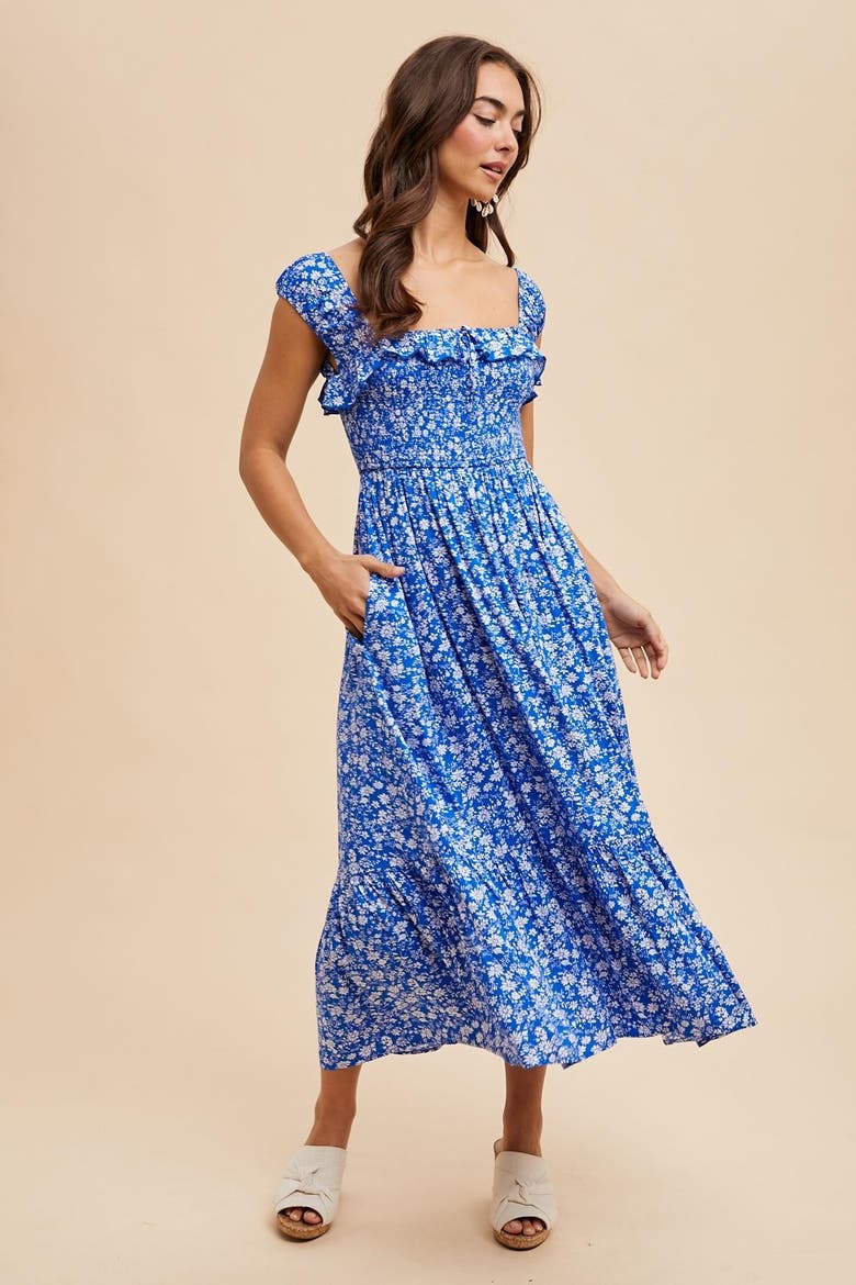 Floral Smocked Ruffle Detail Midi Dress, Alternate, color, Royal Blue