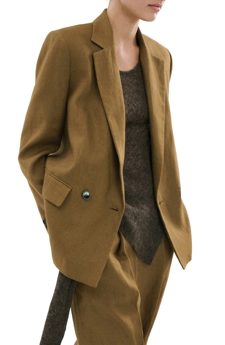 MANGO Double Breasted Linen Blazer, Main, color, Olive Green