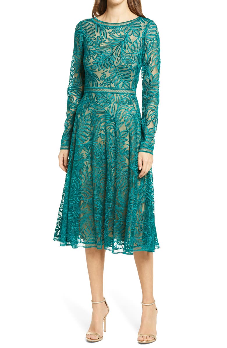 Tadashi Shoji Long Sleeve Lace Cocktail Midi Dress, Main, color,