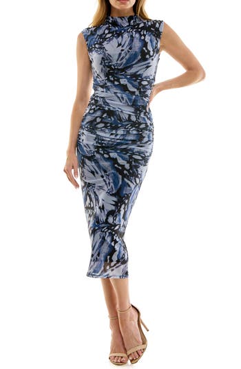 Socialite Mock Neck Cap Sleeve Mesh Midi Dress In Multi