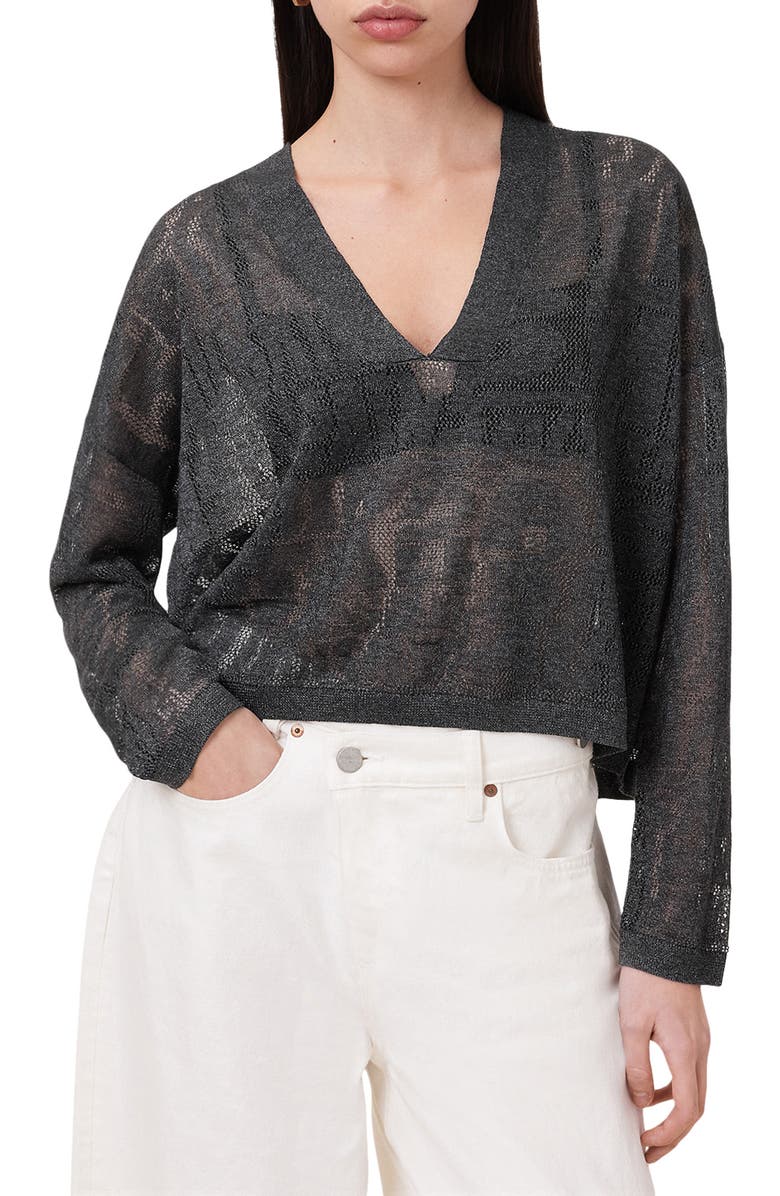 AllSaints Kaito V-Neck Sheer Knit Sweater, Main, color, 