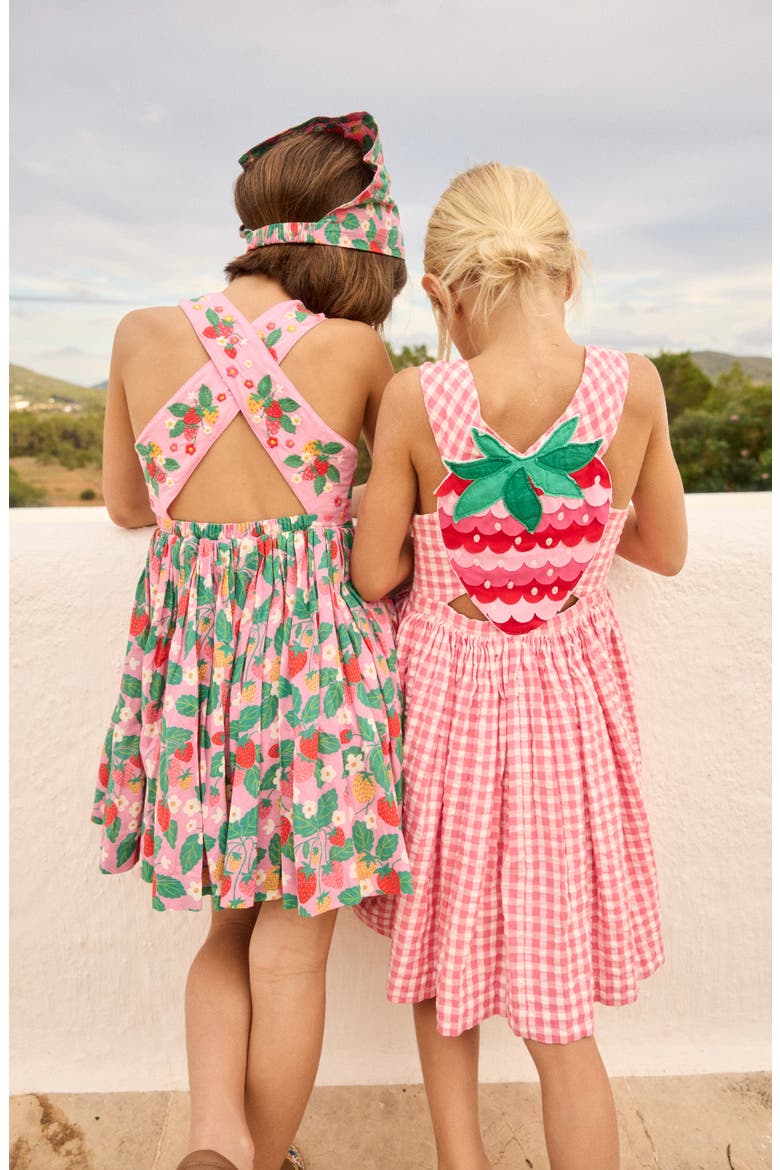 Kids' Zadie Back Appliqué Cotton Seersucker Sundress, Alternate, color, PINK GINGHAM STRAWBERRY