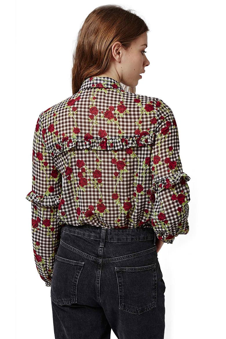 Floral Gingham Ruffled Shirt, Alternate, color, BLACK MULTI