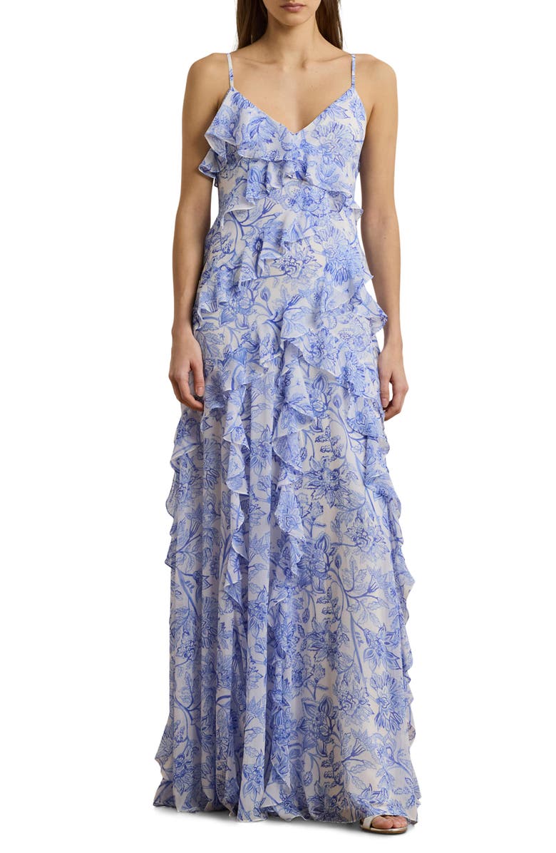 Lauren Ralph Lauren Floral Ruffle Georgette Gown, Main, color, White/ Blue
