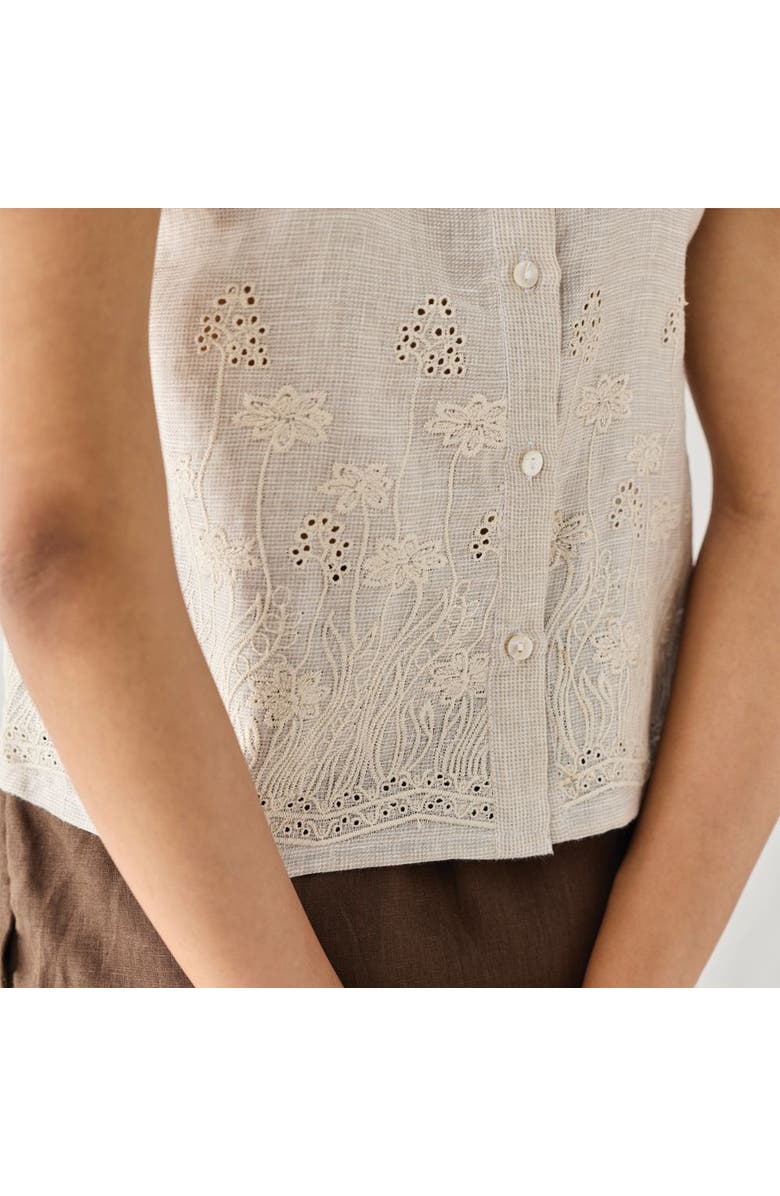Reistor Embroidered Button Back Top in Checkered Linen, Alternate, color, Embroidered Linen White