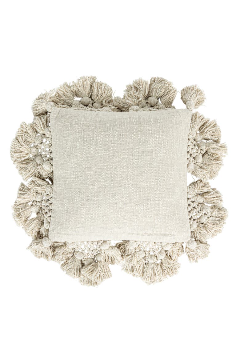 Cotton Slub Pillow with Crochet and Tassels, Cream, Alternate, color, Cream