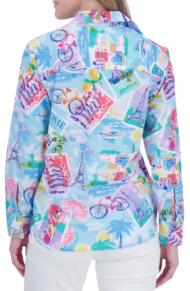 Foxcroft Meghan Travel Print Cotton Button-Up Shirt, Alternate, color, Blue Multi