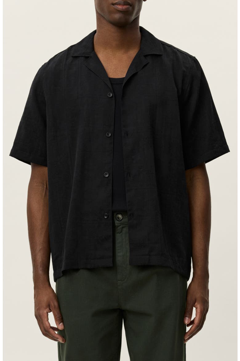 Liam Lyocell Blend Jacquard Camp Shirt, Main, color, BLACK