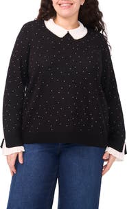 CeCe Faux Pearl Contrast Collar Cotton Top