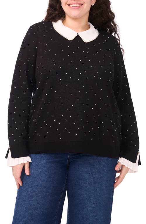 Cece Faux Pearl Contrast Collar Cotton Top In Black