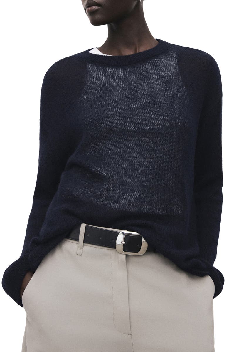 MANGO Semitransparent Crewneck Sweater, Main, color, Dark Navy