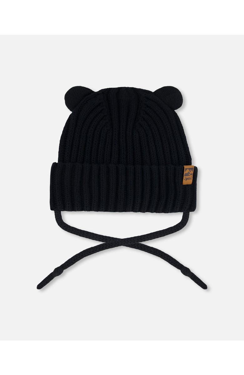 Deux par Deux Baby Unisex Baby Knit Hat With Strings Black, Main, color, 