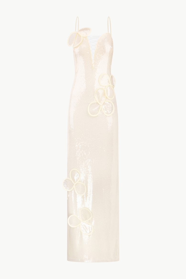 Sequin Maxi Bustier Gown With Petal Appliques, Main, color, Beige