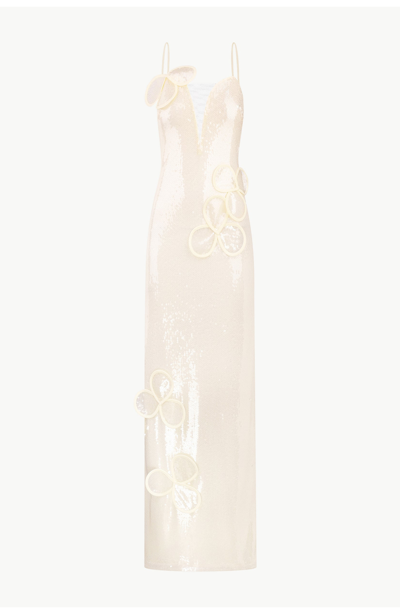 Malva Florea Sequin Maxi Bustier Gown With Petal Appliqus, Main, color, Beige