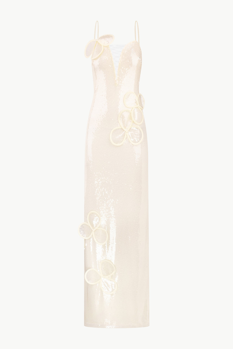 Sequin Maxi Bustier Gown With Petal Appliqus