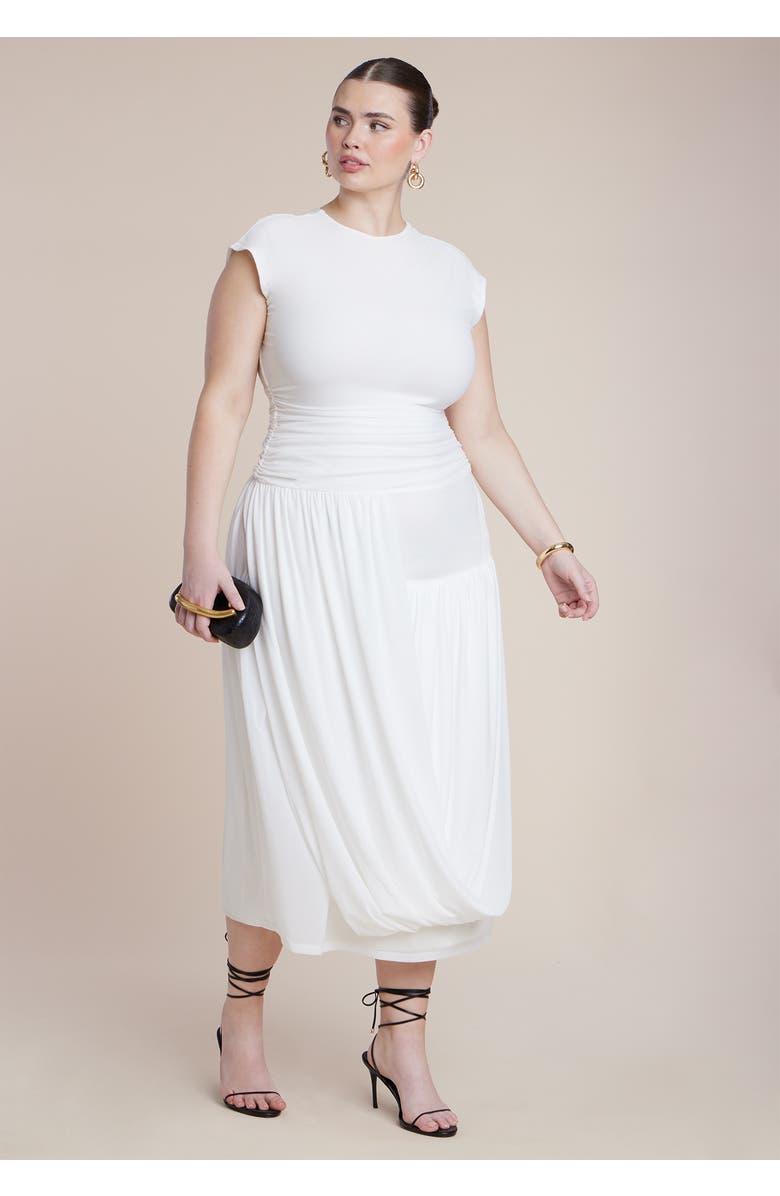 ELOQUII Drape Detail Fitted Mesh Dress, Alternate, color, Jet Stream