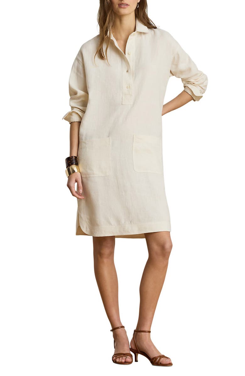 Lauren Ralph Lauren Classic Collar Long Sleeve Linen Shirtdress, Main, color, Mascarpone Cream