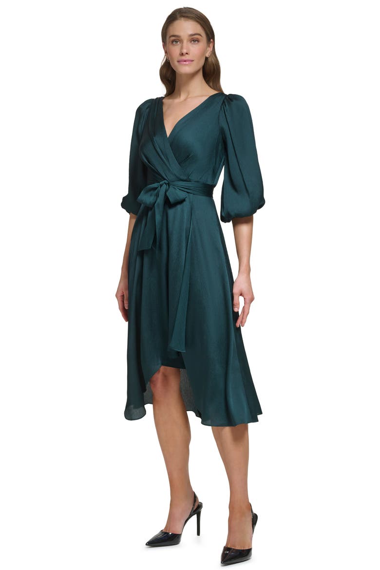 Balloon Sleeve Faux Wrap Midi Dress, Alternate, color, PINE