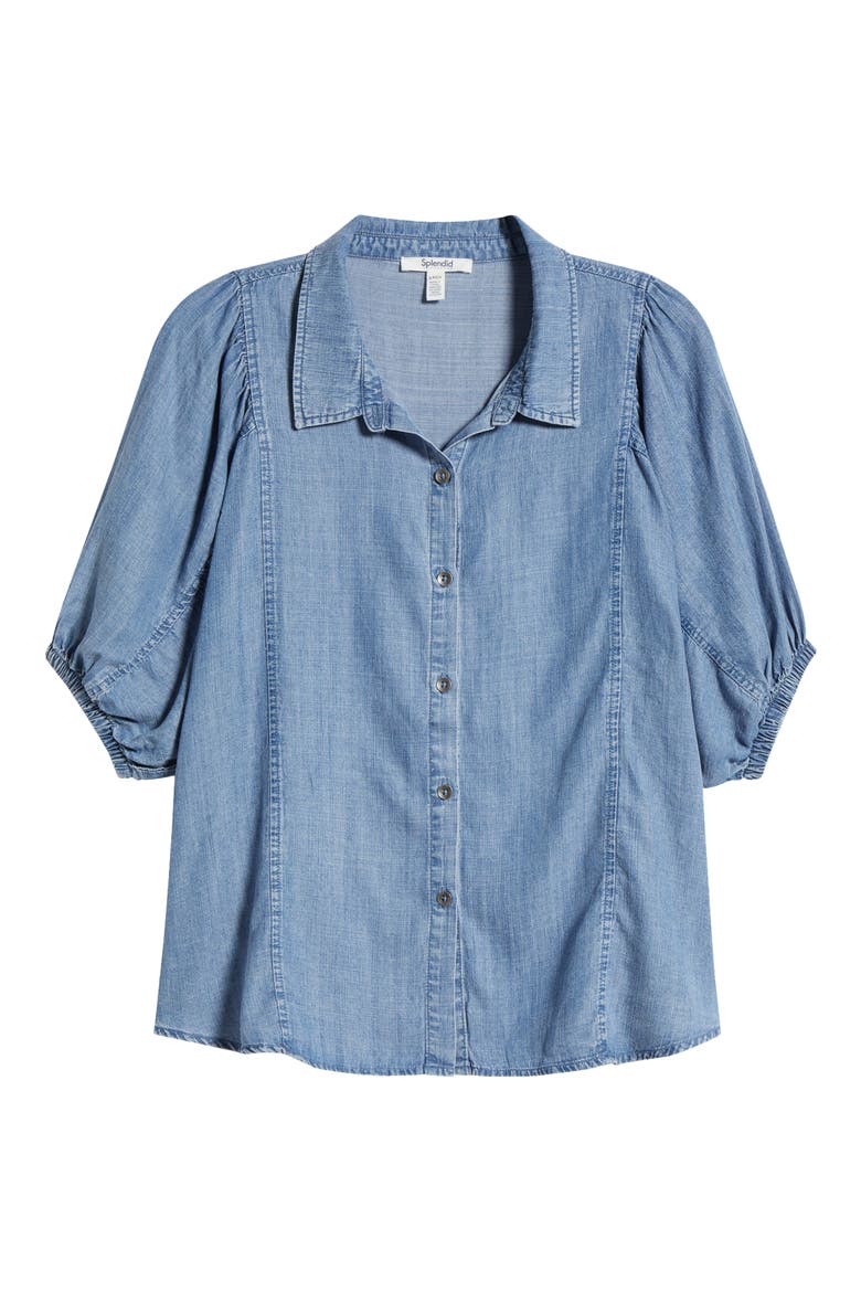 Violet Puff Sleeve Denim Shirt, Alternate, color, INDIGO