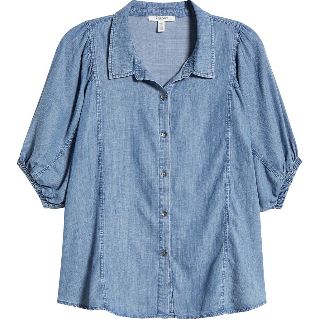Splendid Violet Puff Sleeve Denim Shirt In Indigo