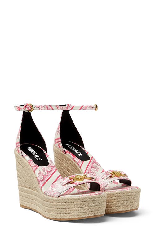 Versace Embellished Printed Leather Espadrille Wedge Sandals In Pink