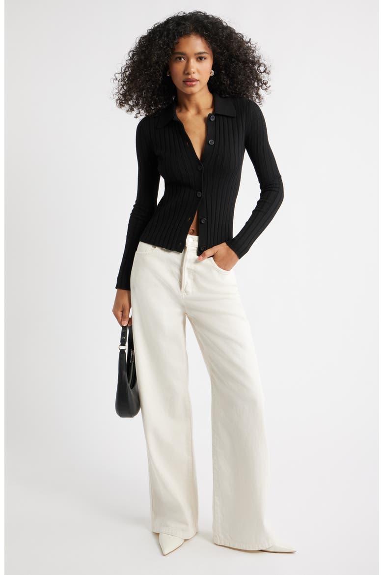 Collared Rib Cardigan, Alternate, color, BLACK