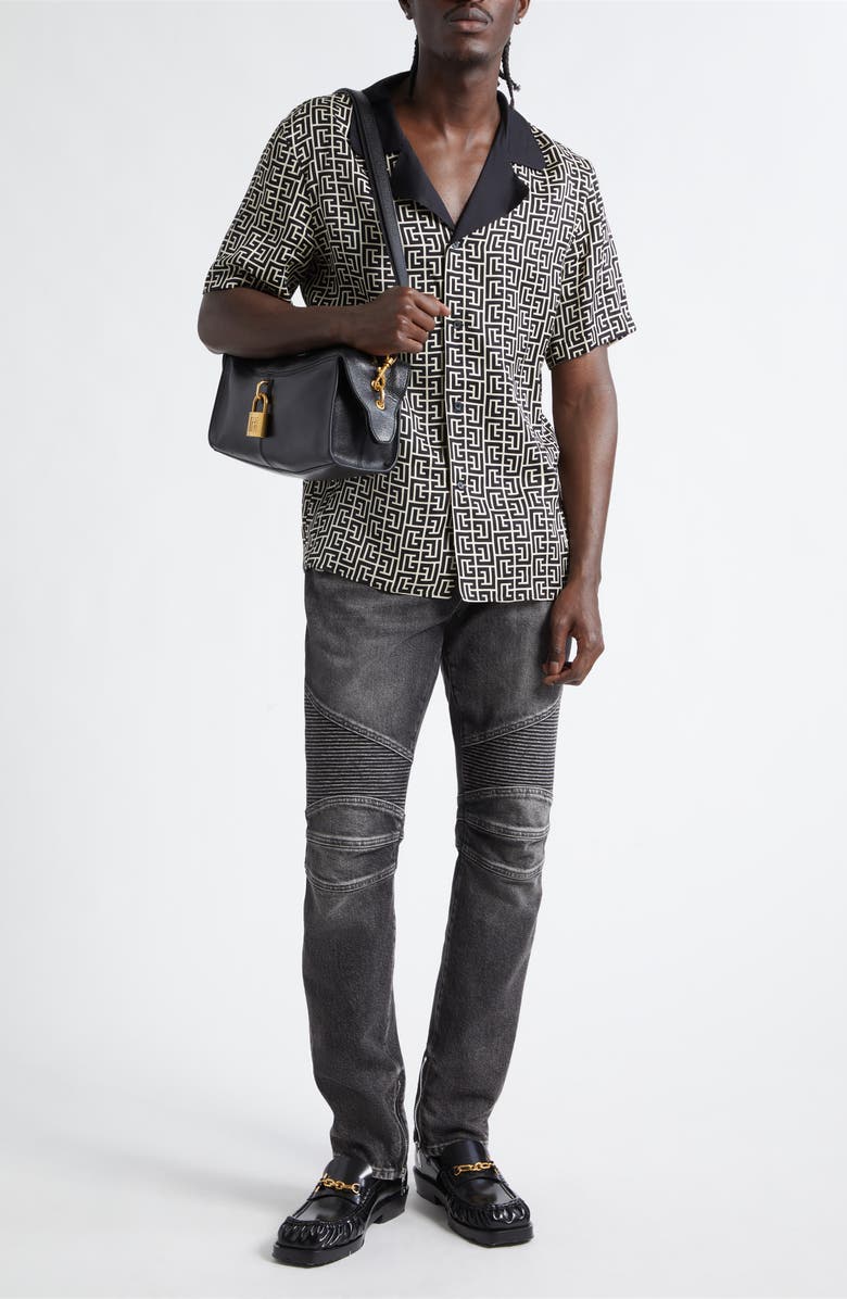 Balmain Monogram Jacquard Camp Shirt, Alternate, color, Ivory/ Black