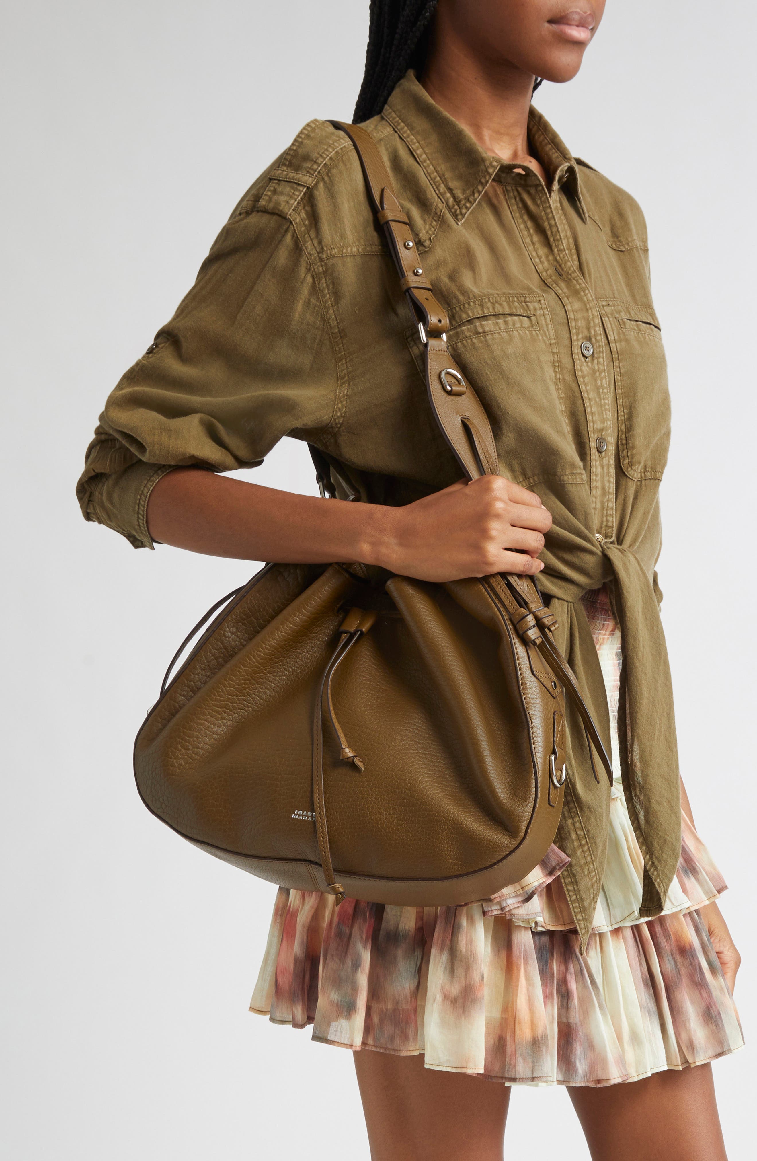 Isabel Marant Bolton Bubble Pebbled Lambskin Leather Hobo Bag, Alternate, color, Khaki