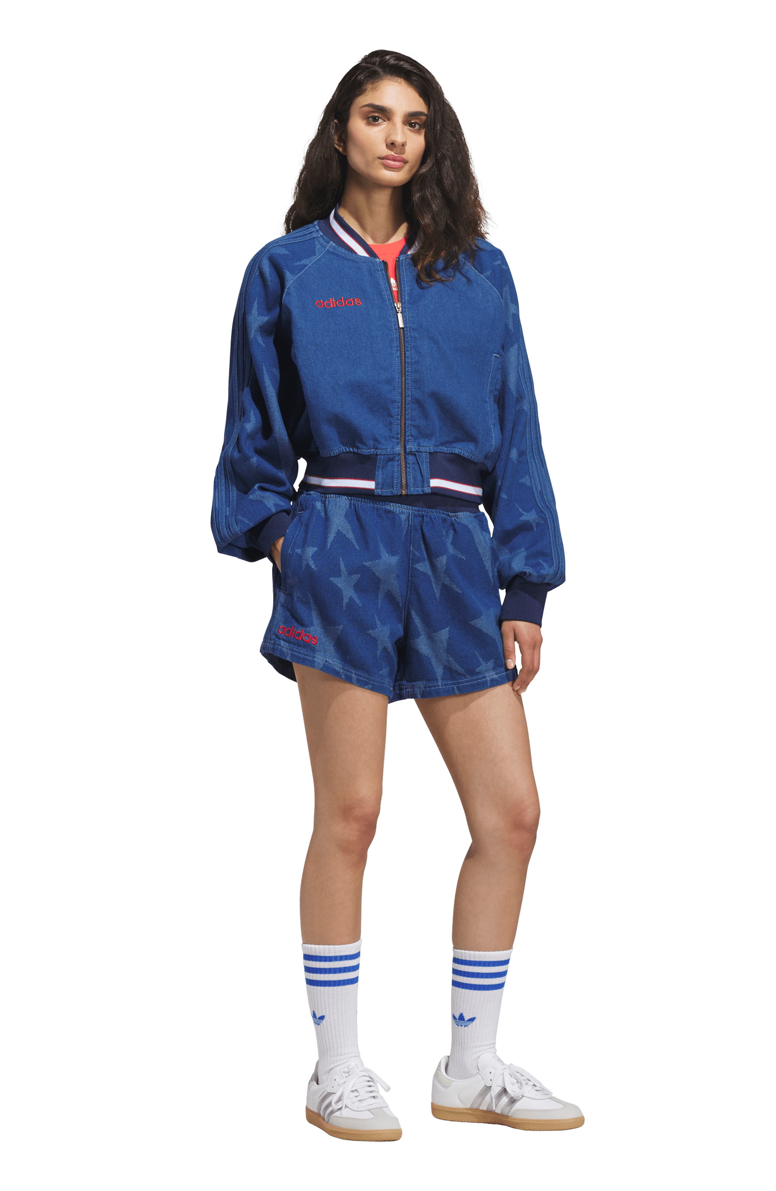 SST Denim Graphic Varsity Bomber Jacket (Women) | Nordstrom