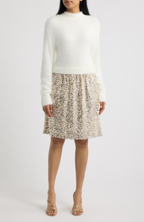 Drop Waist Long Sleeve Mixed Media Dress