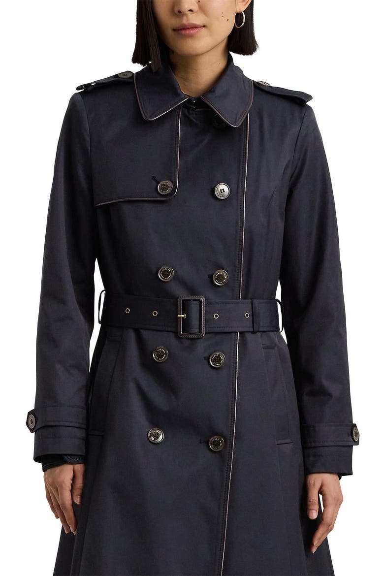 Double Breasted Belted Water Repellent Trench Coat, Alternate, color, DK NAVY